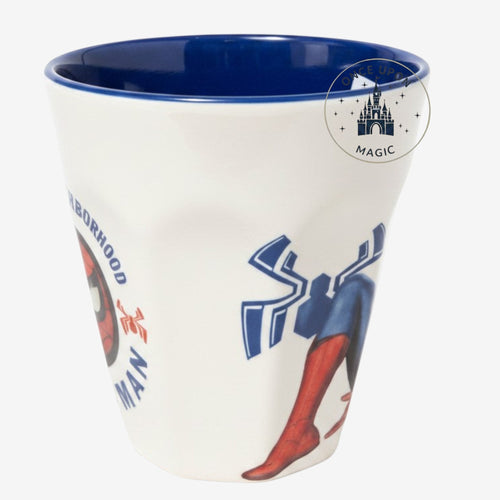 Once Upon Magic white ceramic mug with Spider-Man action graphic and blue interior. Features "Neighborhood Spider-Man" text.