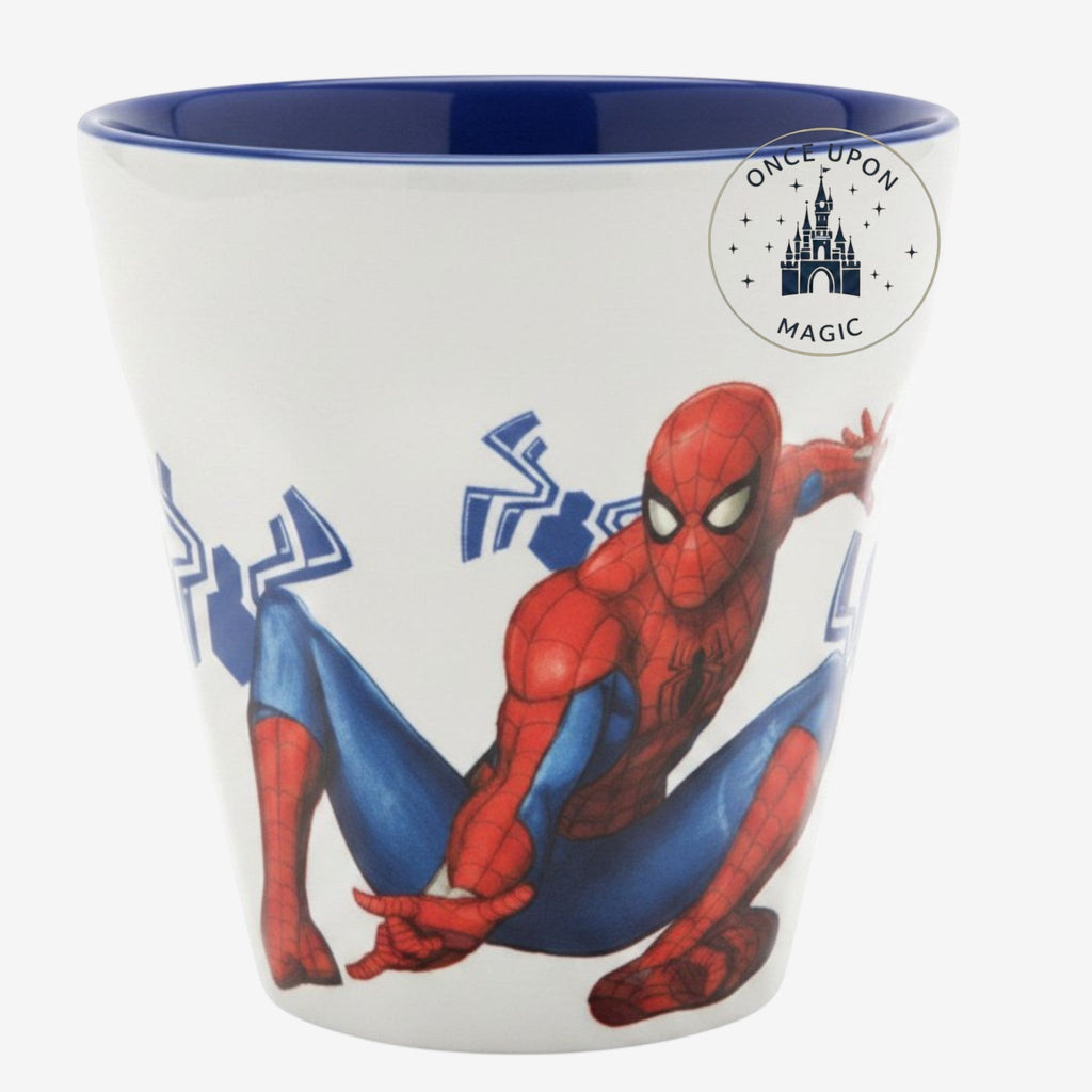 Once Upon Magic white ceramic mug with Spider-Man in action, blue interior, and Marvel logo.