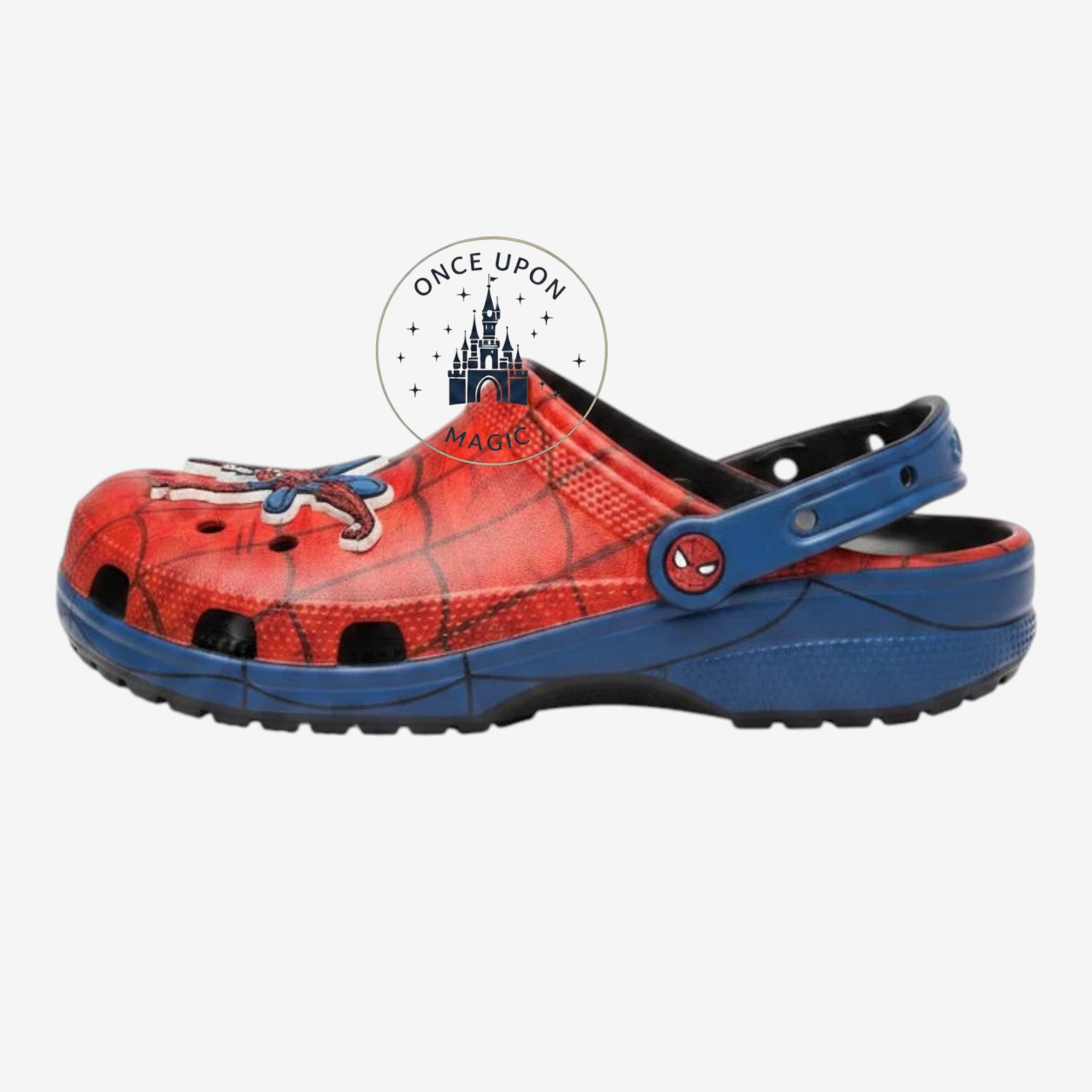 Once Upon Magic Spider-Man Marvel Crocs with red web pattern and blue heel strap, official Disneyland Paris footwear.
