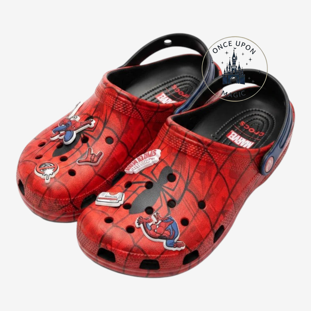 Once Upon Magic red Spider-Man Marvel Crocs with iconic web pattern and character Jibbitz charms