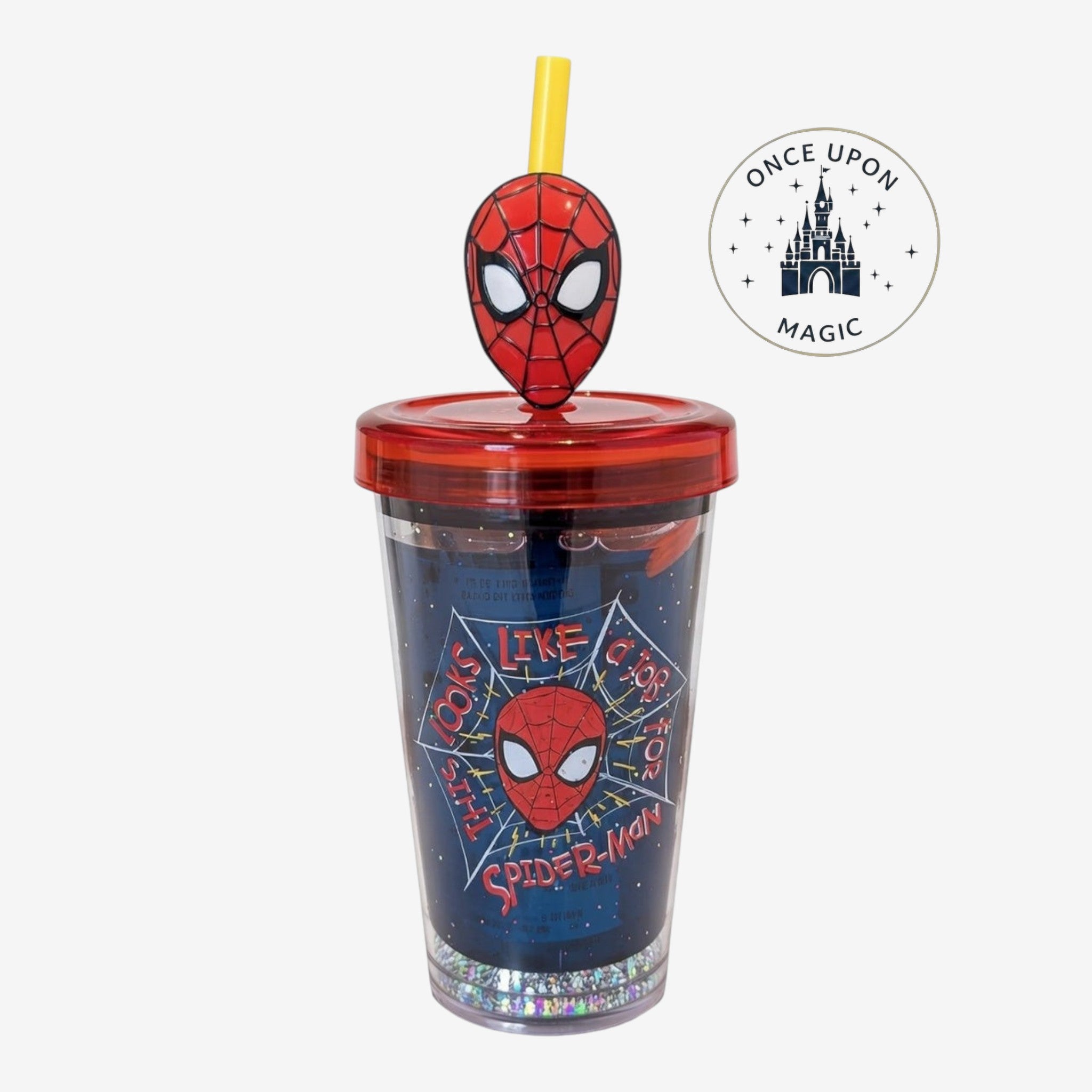Once Upon Magic Spider-Man Marvel tumbler with straw, featuring a red and blue design, glitter base, and character topper