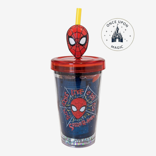 Once Upon Magic Spider-Man Marvel tumbler with straw, featuring a red and blue design, glitter base, and character topper