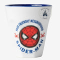 Once Upon Magic white ceramic mug with Spider-Man face and blue text. Features a blue interior and a unique modern shape.