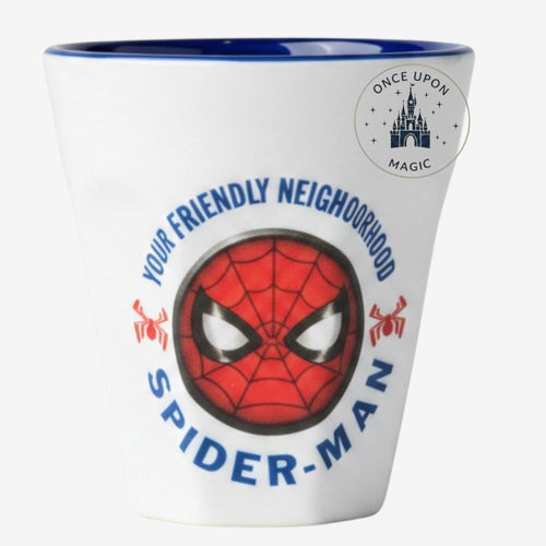 Once Upon Magic white ceramic mug with Spider-Man face and blue text. Features a blue interior and a unique modern shape.