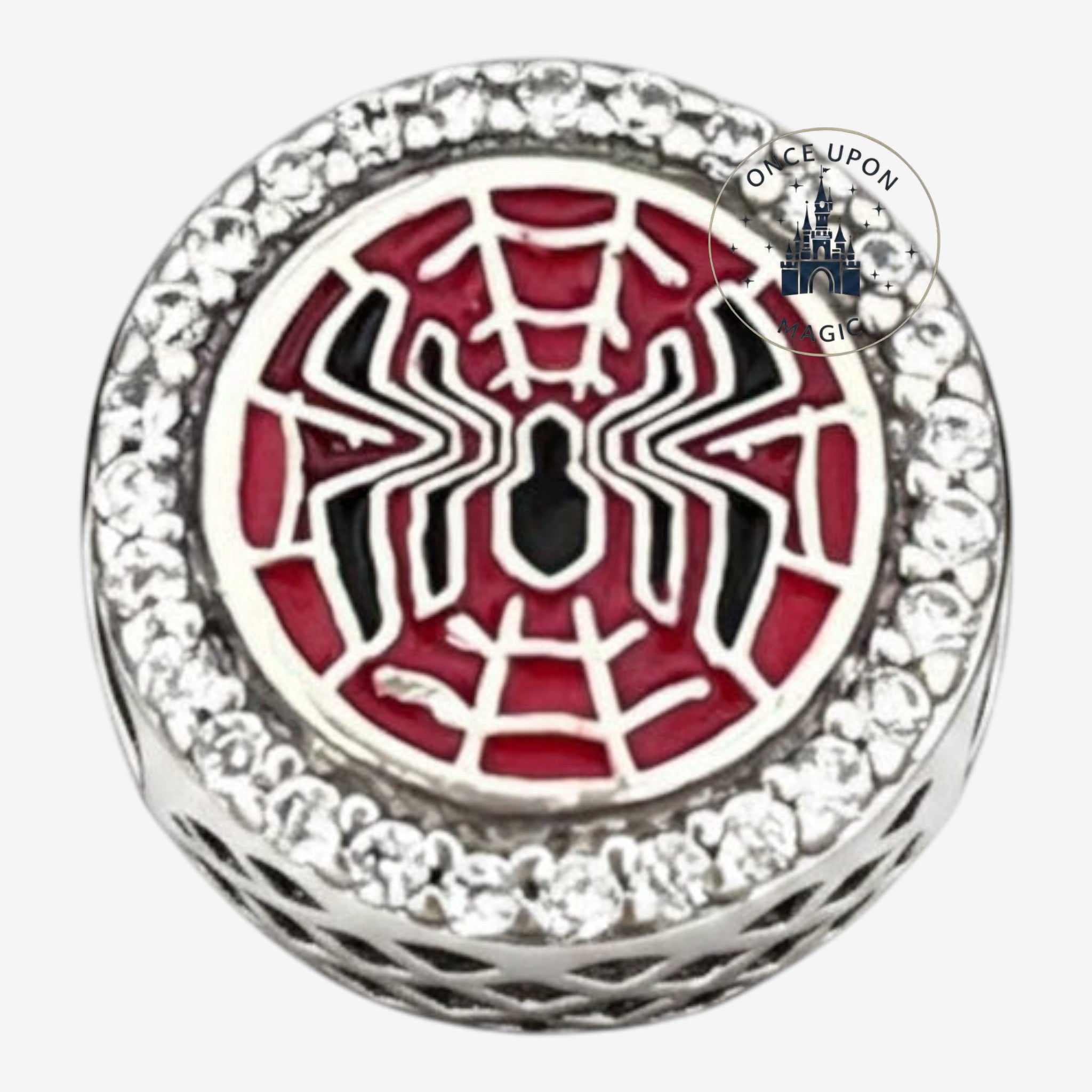 Once Upon Magic Marvel Spider-Man charm for Pandora bracelet featuring red enamel spider web and sparkling crystals