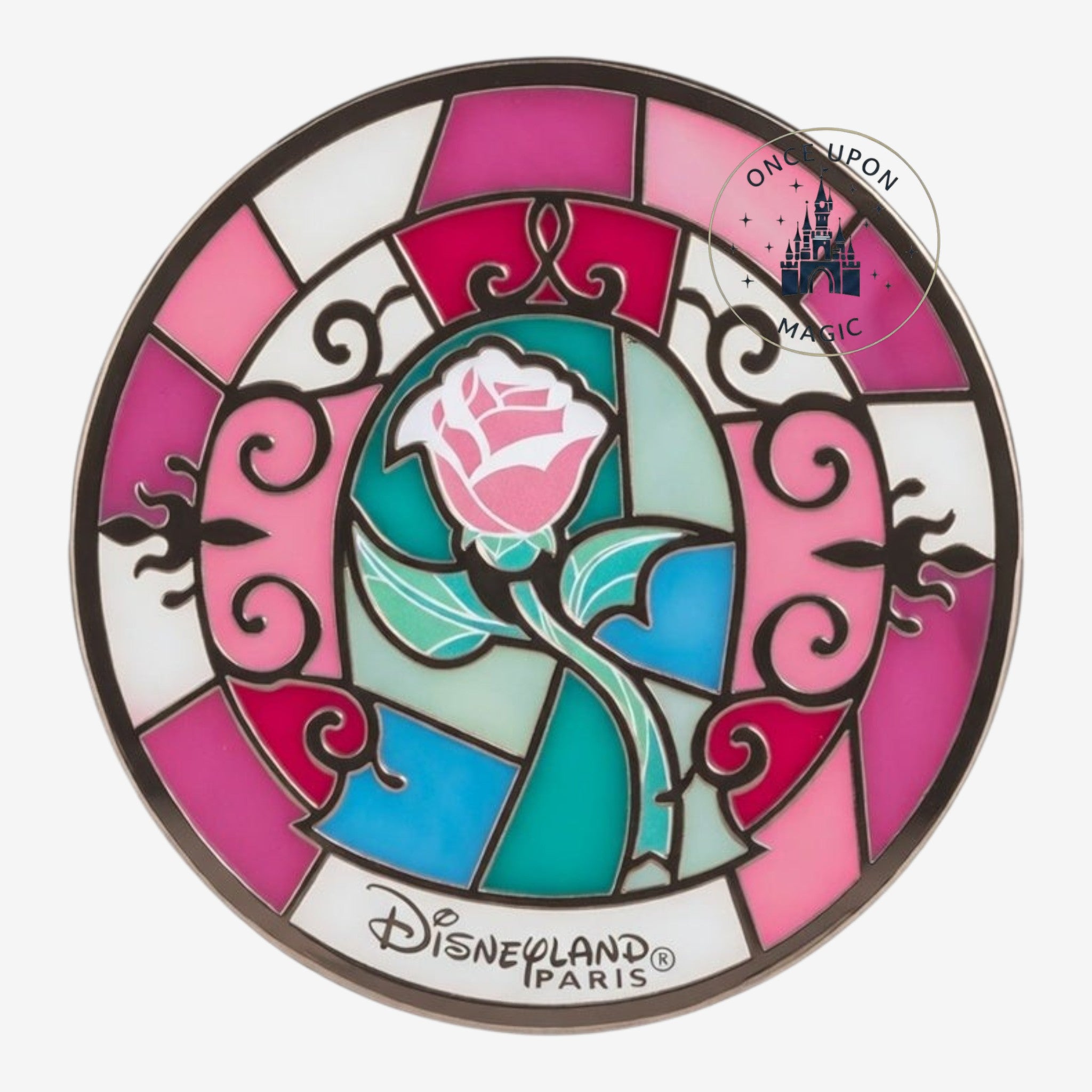 Once Upon Magic stained glass mini rose ornament, inspired by Beauty and the Beast, featuring pink, fuchsia, and turquoise colors.