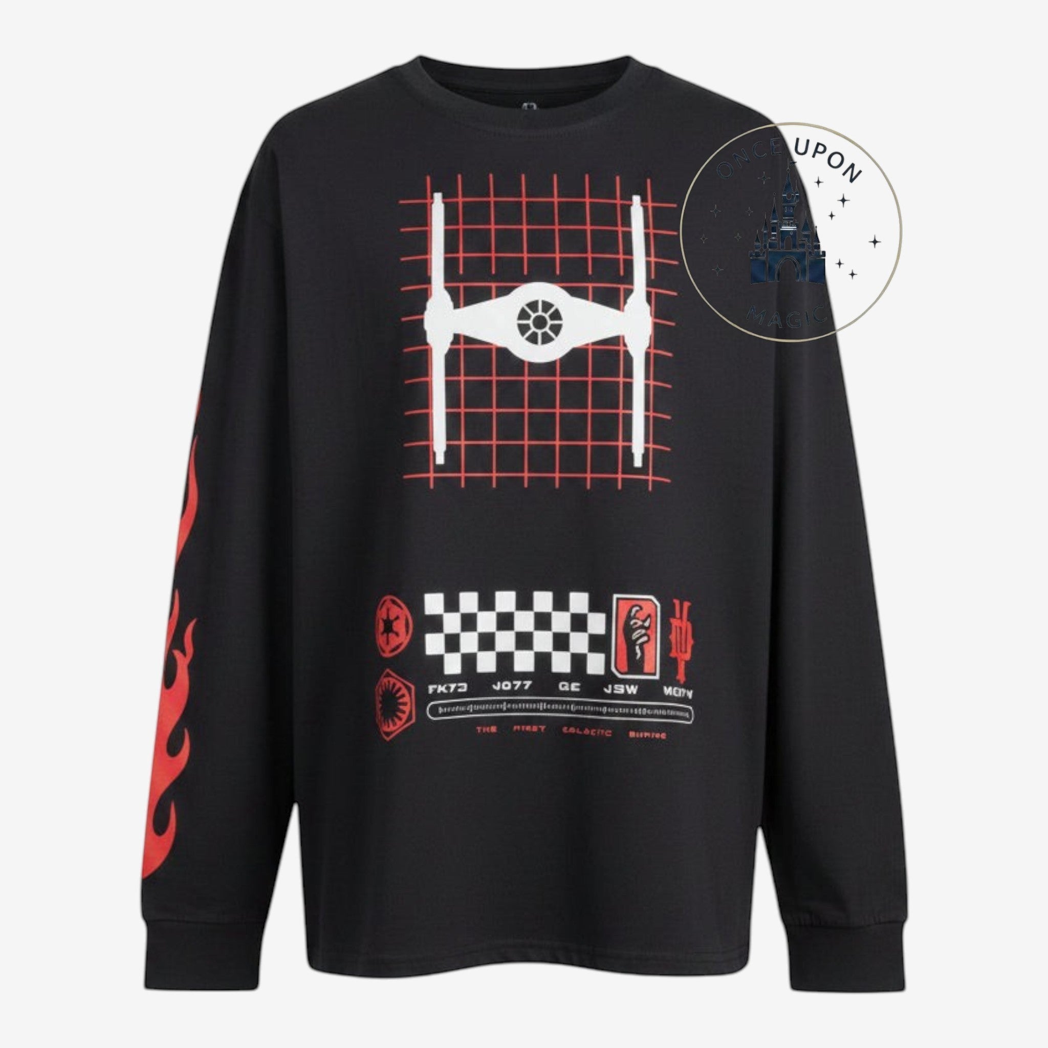 Once Upon Magic Star Wars Boonta Eve Classic black sweatshirt with white TIE fighter and red racing graphics.