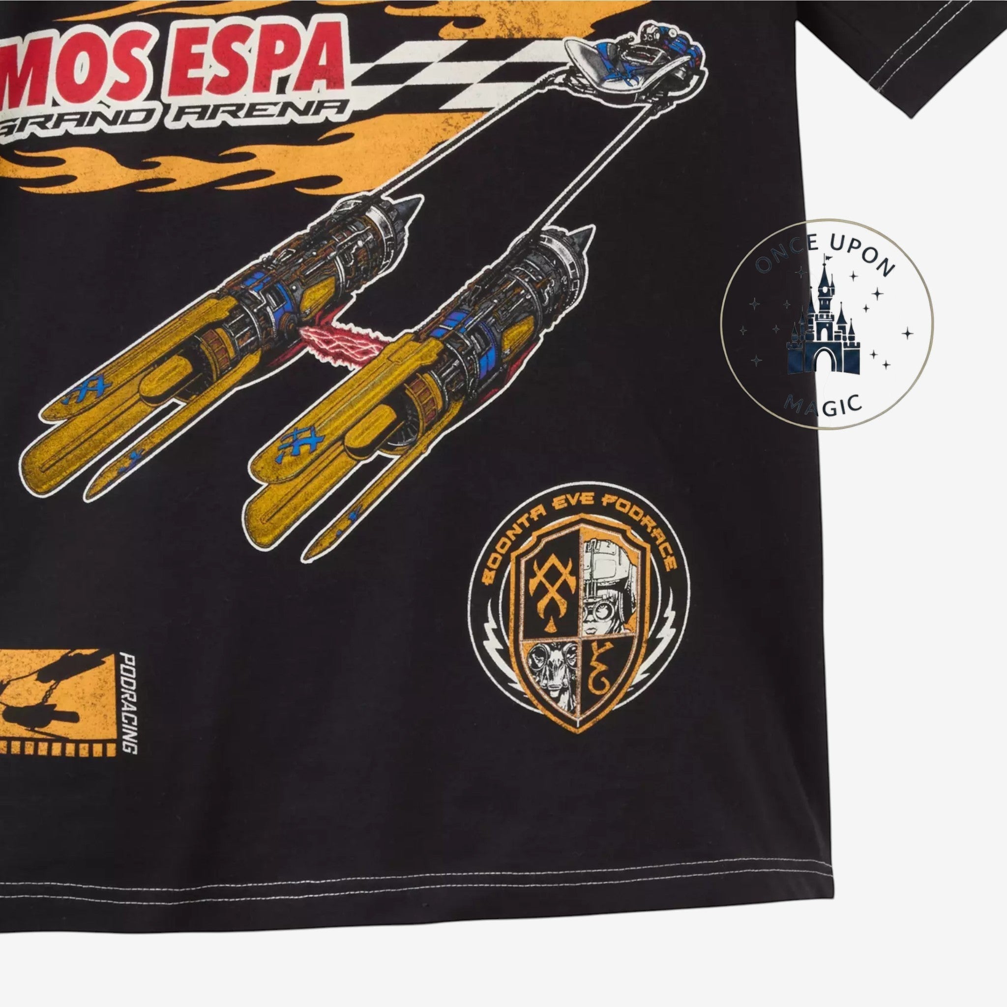 Once Upon Magic Star Wars Boonta Eve black t-shirt featuring a pod racer graphic and Mos Espa Grand Arena print.