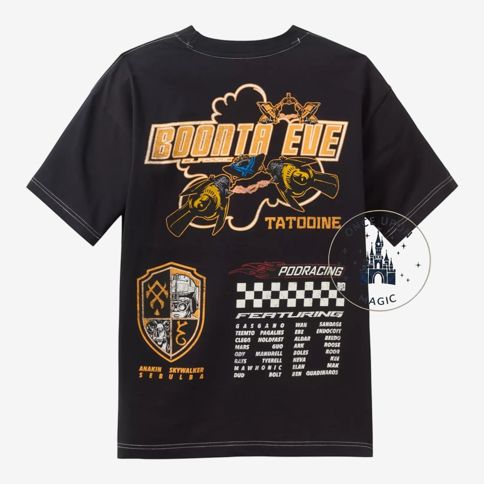 Once Upon Magic Star Wars Boonta Eve black t-shirt with Tatooine podracing graphic print on the back.