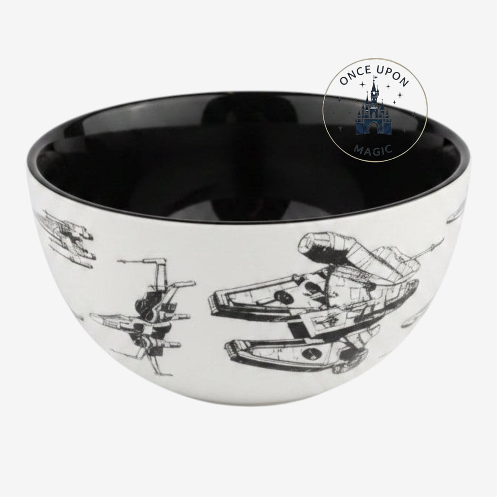 Once Upon Magic Star Wars ceramic bowl featuring black and white detailed illustrations of iconic starships.