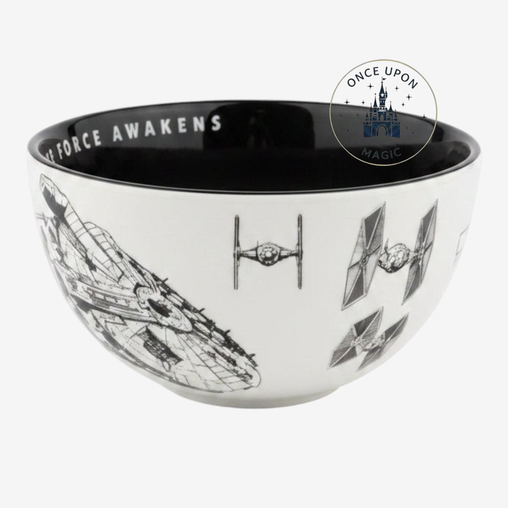 Once Upon Magic Star Wars ceramic bowl featuring black and white Millennium Falcon and TIE fighter illustrations