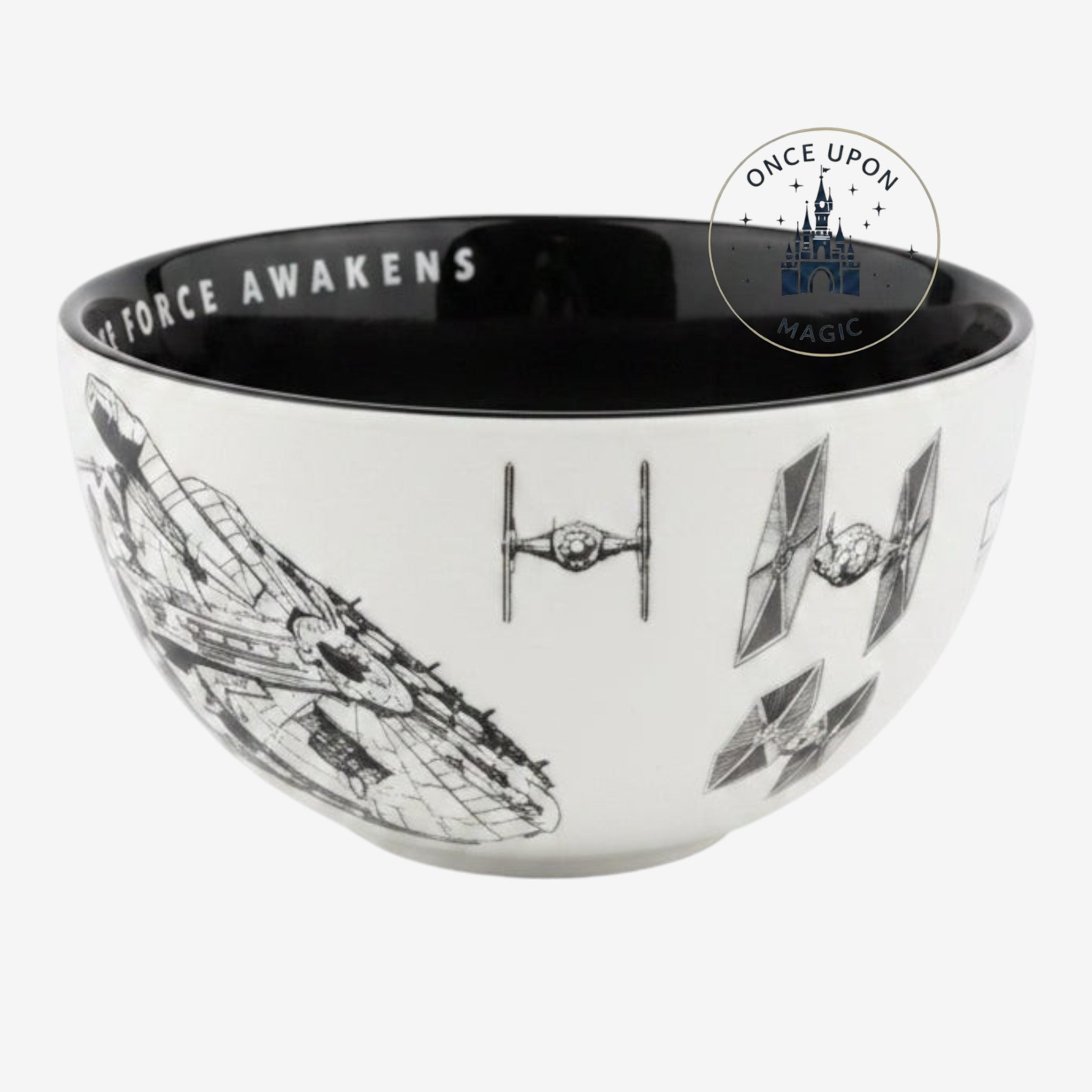 Once Upon Magic Star Wars ceramic bowl featuring black and white Millennium Falcon and TIE fighter illustrations
