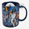 Once Upon Magic Star Wars ceramic coffee mug in navy blue featuring Luke Skywalker, Darth Vader, and iconic characters.