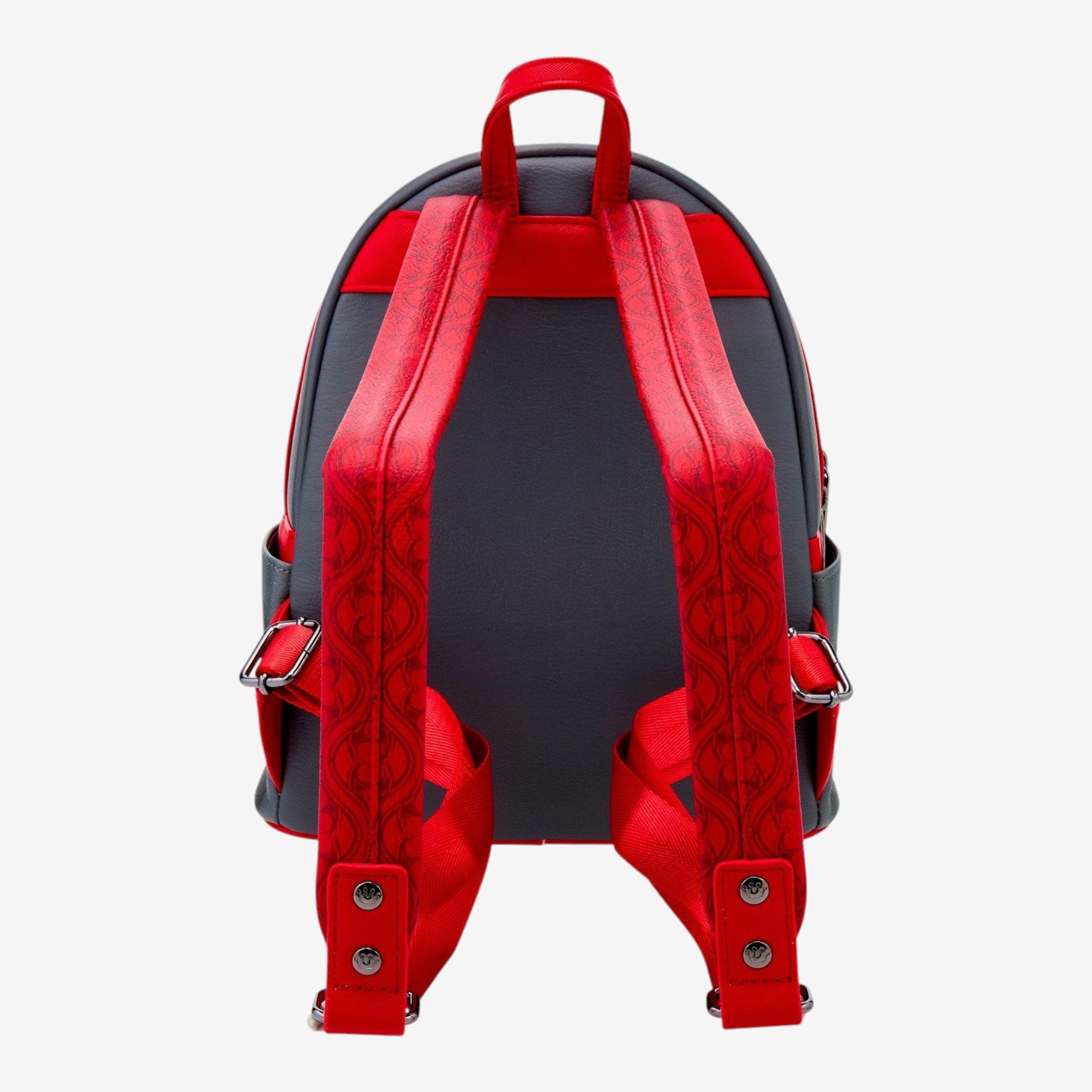 Once Upon Magic Star Wars Darth Vader floral embossed mini backpack in dark grey with red straps and accents.