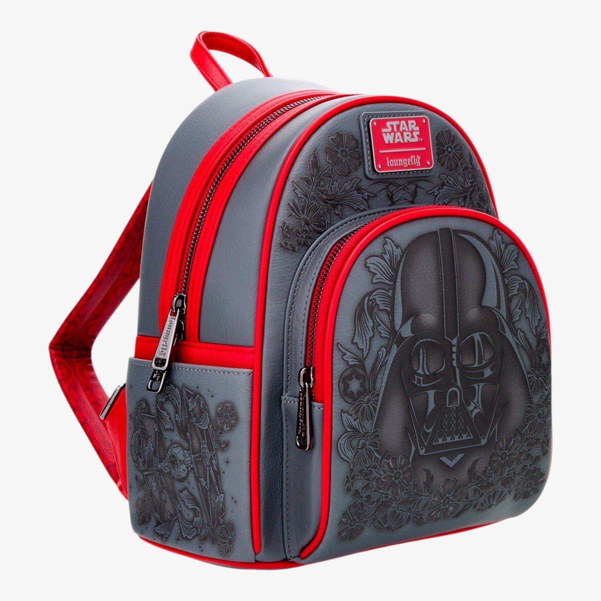Once Upon Magic Star Wars Darth Vader floral embossed grey mini backpack with red trim and straps.