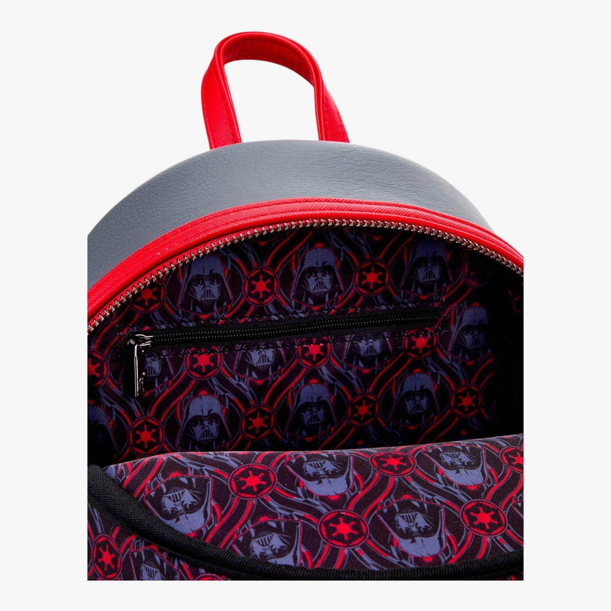 Once Upon Magic Star Wars Darth Vader floral embossed mini backpack with red accents and Imperial insignia lining.