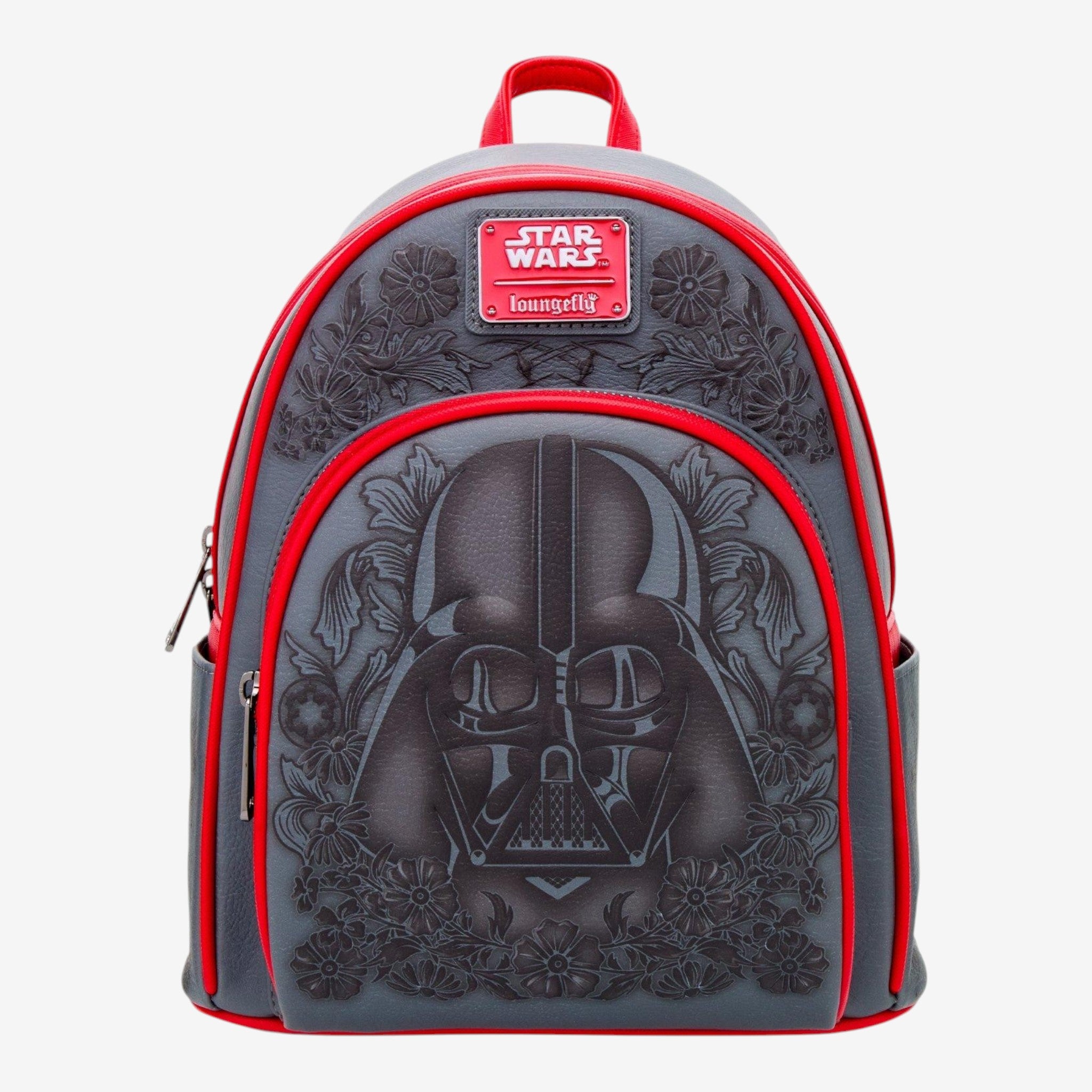 Once Upon Magic Star Wars Darth Vader floral embossed grey faux leather mini backpack with red trim and accents.
