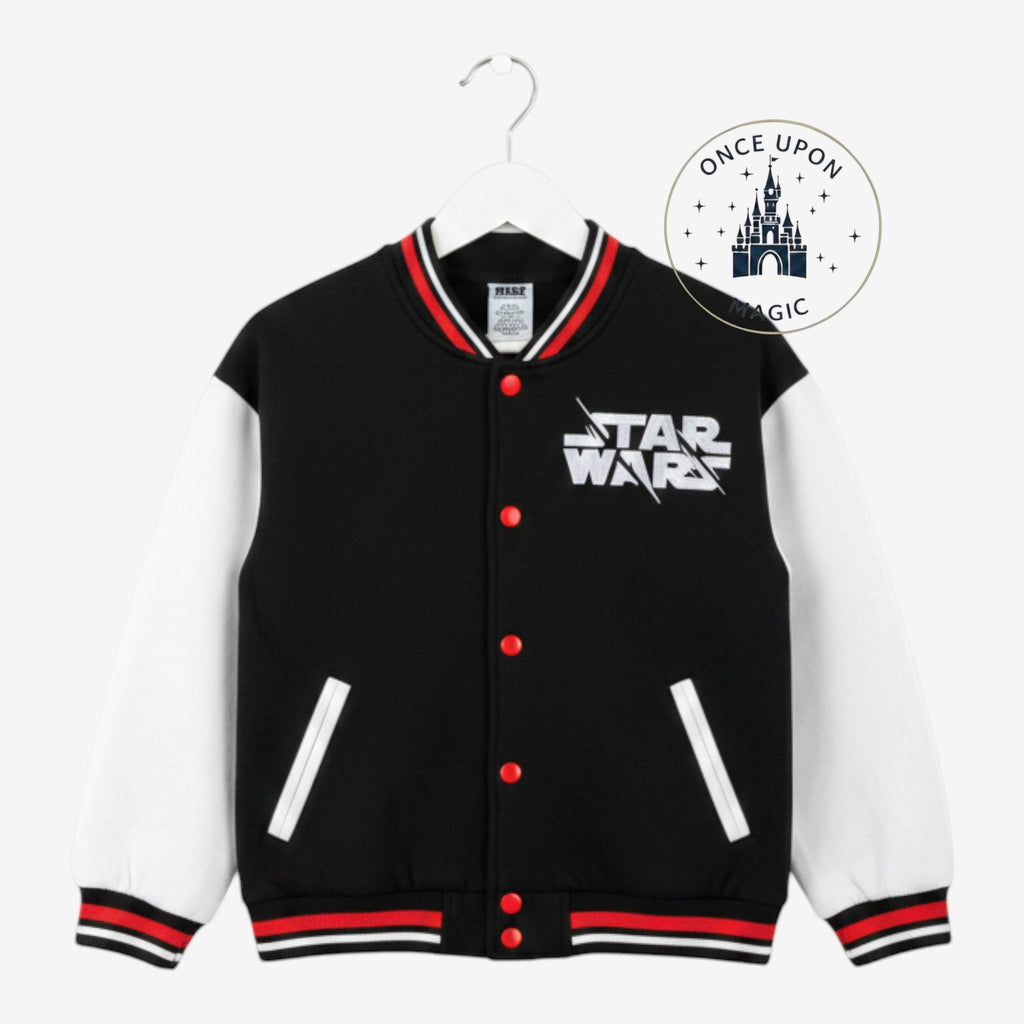 Once Upon Magic Star Wars Darth Vader varsity jacket for kids with black body, white sleeves, and red button details.