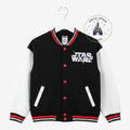 Once Upon Magic Star Wars Darth Vader varsity jacket for kids with black body, white sleeves, and red button details.