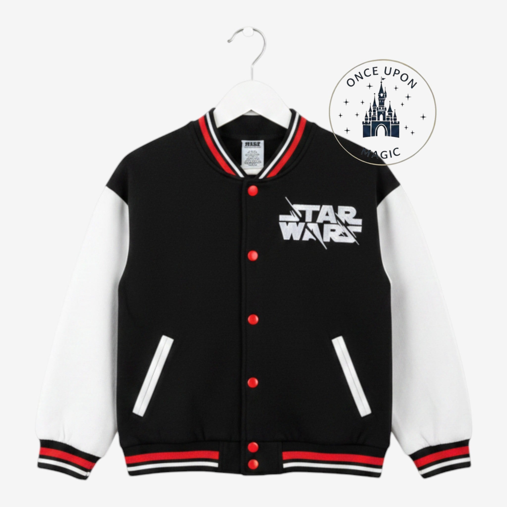 Once Upon Magic Star Wars Darth Vader varsity jacket for kids with black body, white sleeves, and red button details.
