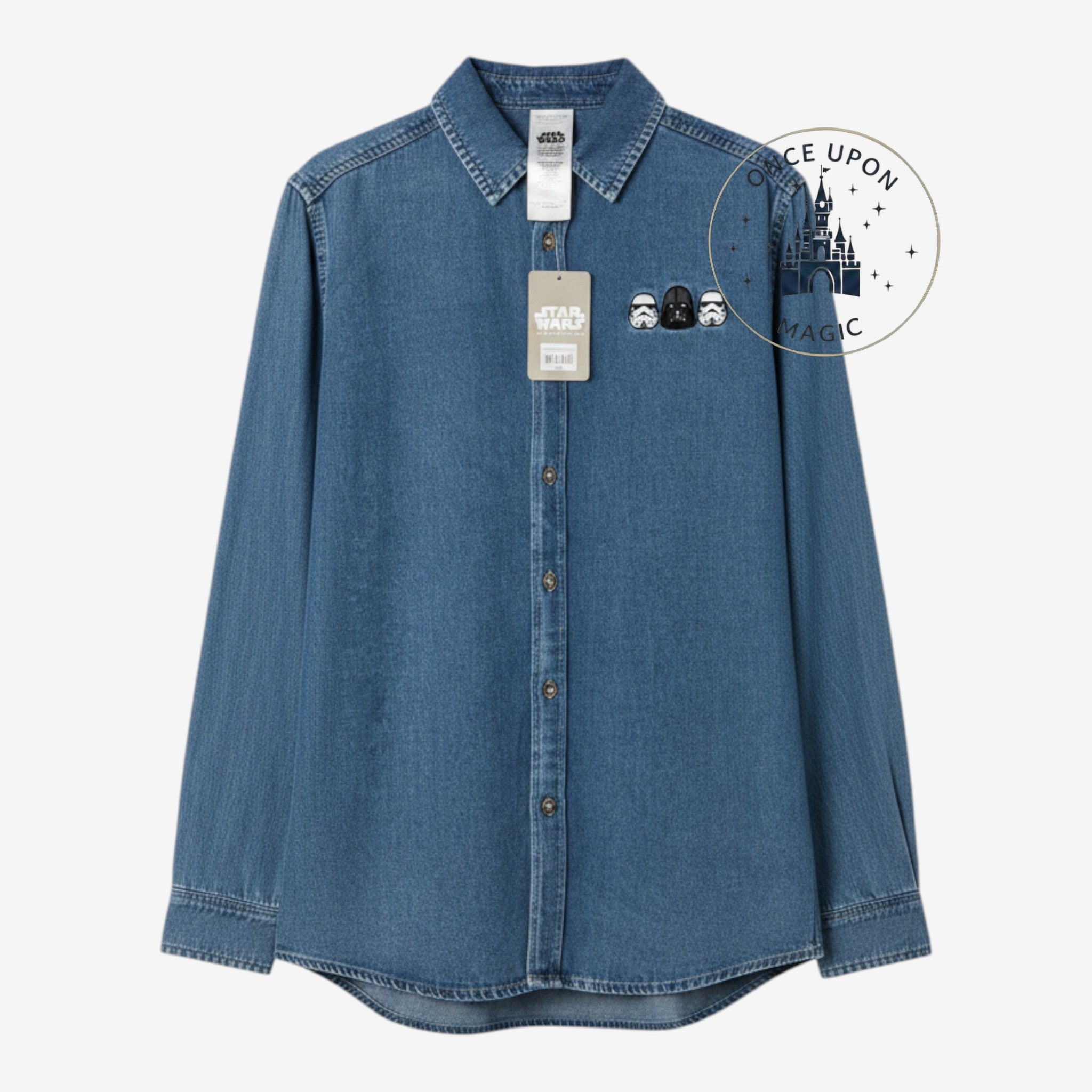 Once Upon Magic medium-wash denim button-down shirt with Star Wars character embroidery on the chest.