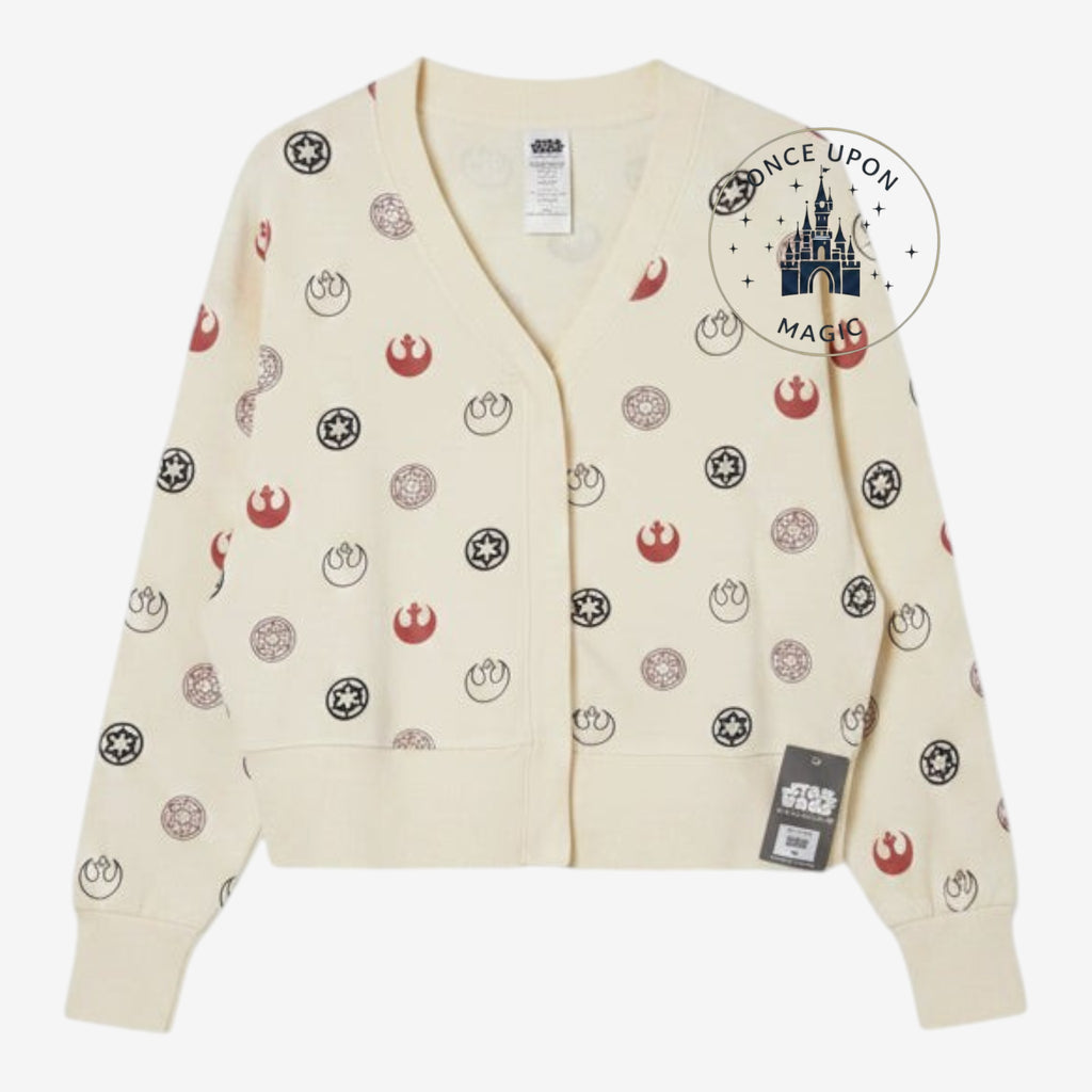 Once Upon Magic Star Wars ecru button-up cardigan with red Rebel Alliance and black Galactic Empire logo print