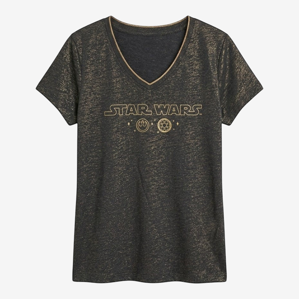 Once Upon Magic charcoal grey Star Wars v-neck t-shirt with metallic flecks and gold trim. Features Star Wars logo, Rebel Alliance, and Galactic Empire symbols.