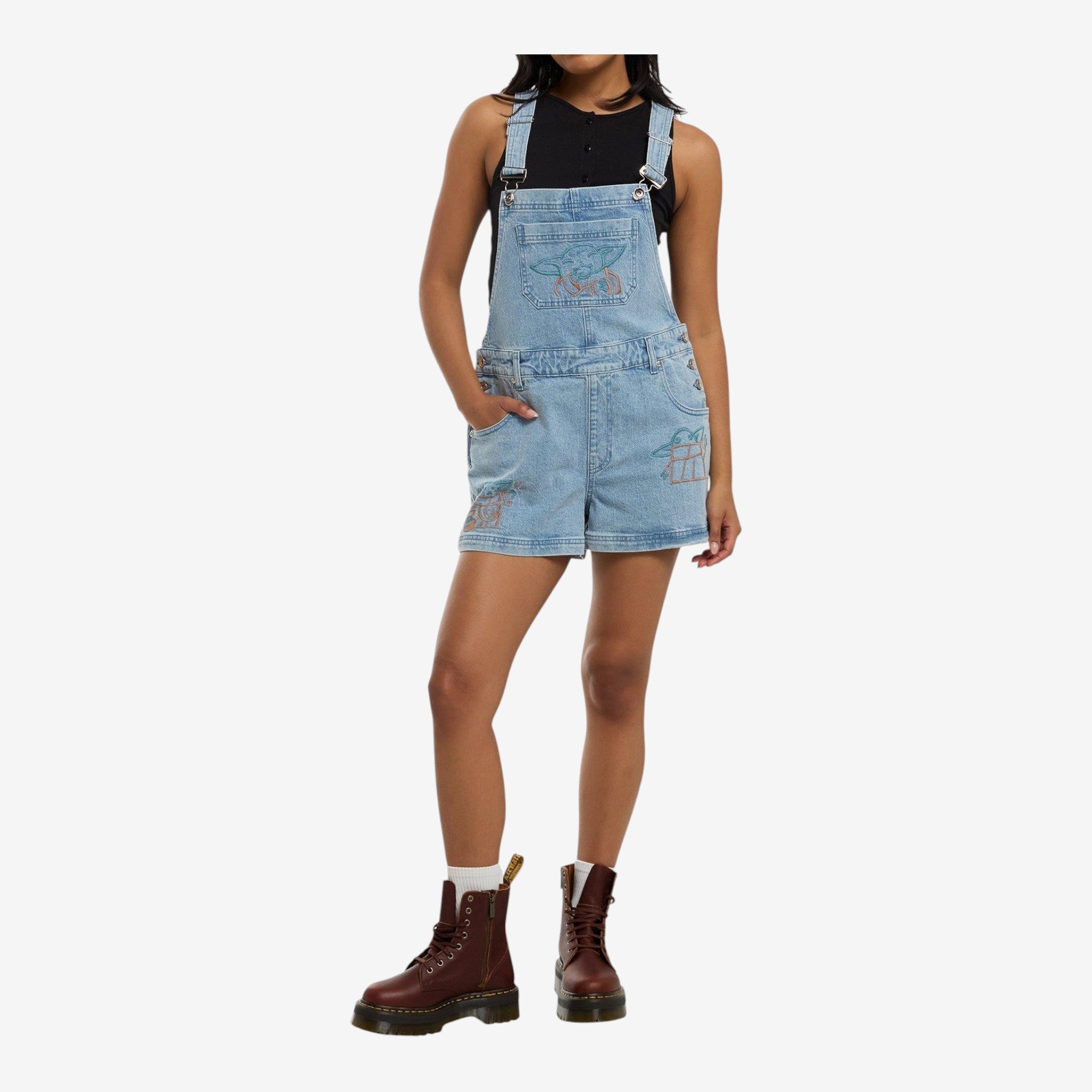 Once Upon Magic light wash denim Star Wars The Mandalorian & Grogu line art embroidered short overalls with adjustable straps.