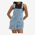 Once Upon Magic light wash denim overalls with embroidered Grogu line art on bib and shorts. Adjustable straps, button sides.