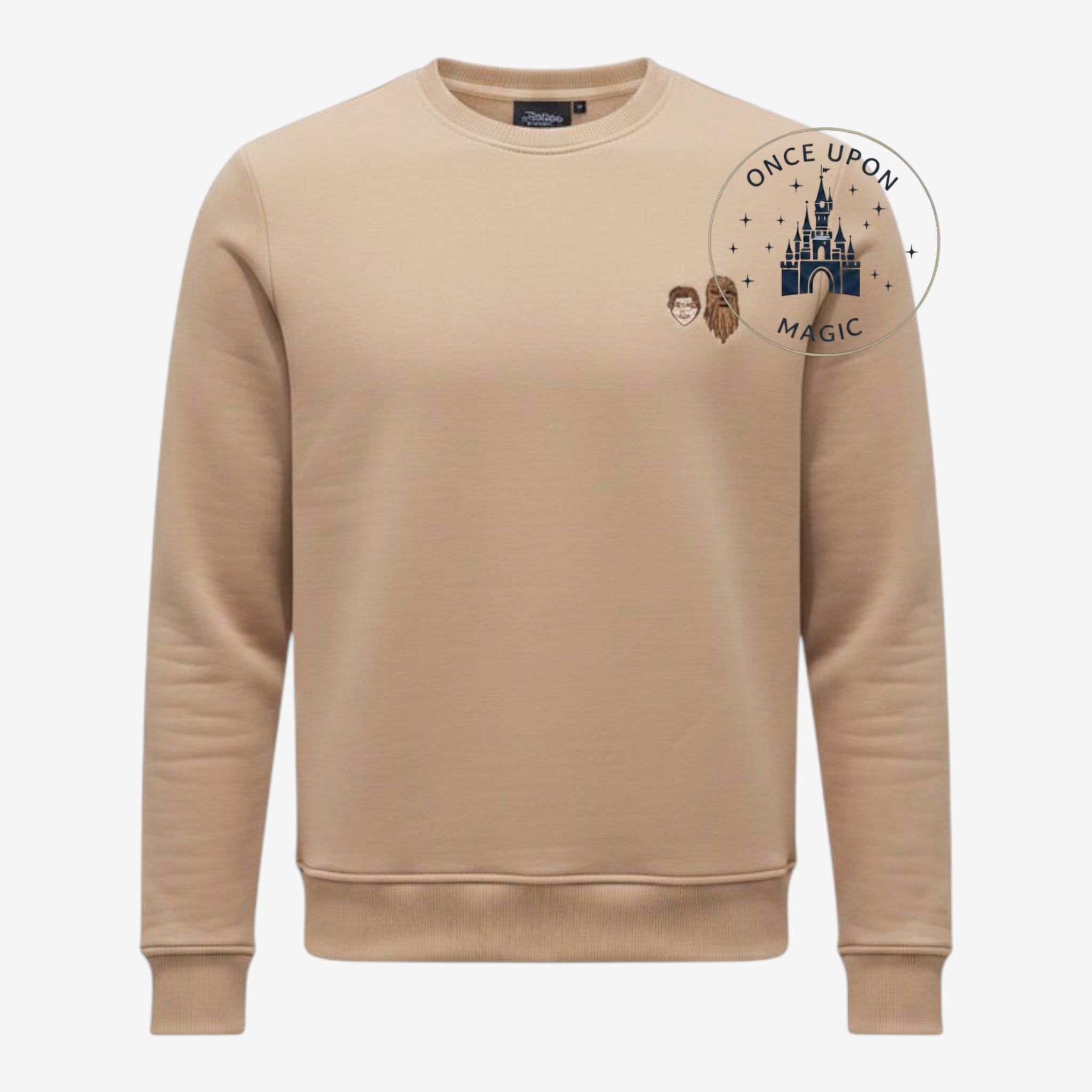 Once Upon Magic beige Star Wars sweatshirt featuring embroidered Han Solo and Chewbacca icons on the chest.