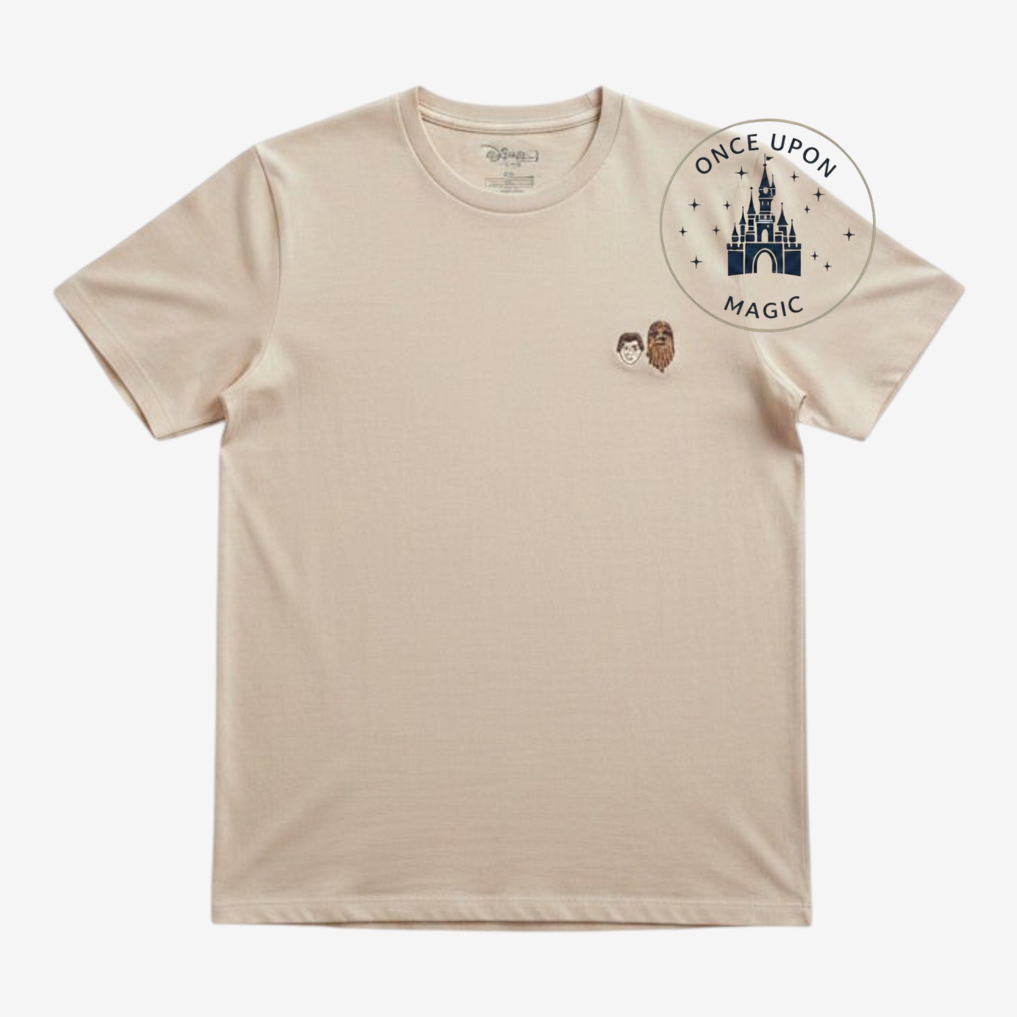 Once Upon Magic beige Star Wars t-shirt featuring subtle Han Solo and Chewbacca chest embroidery.