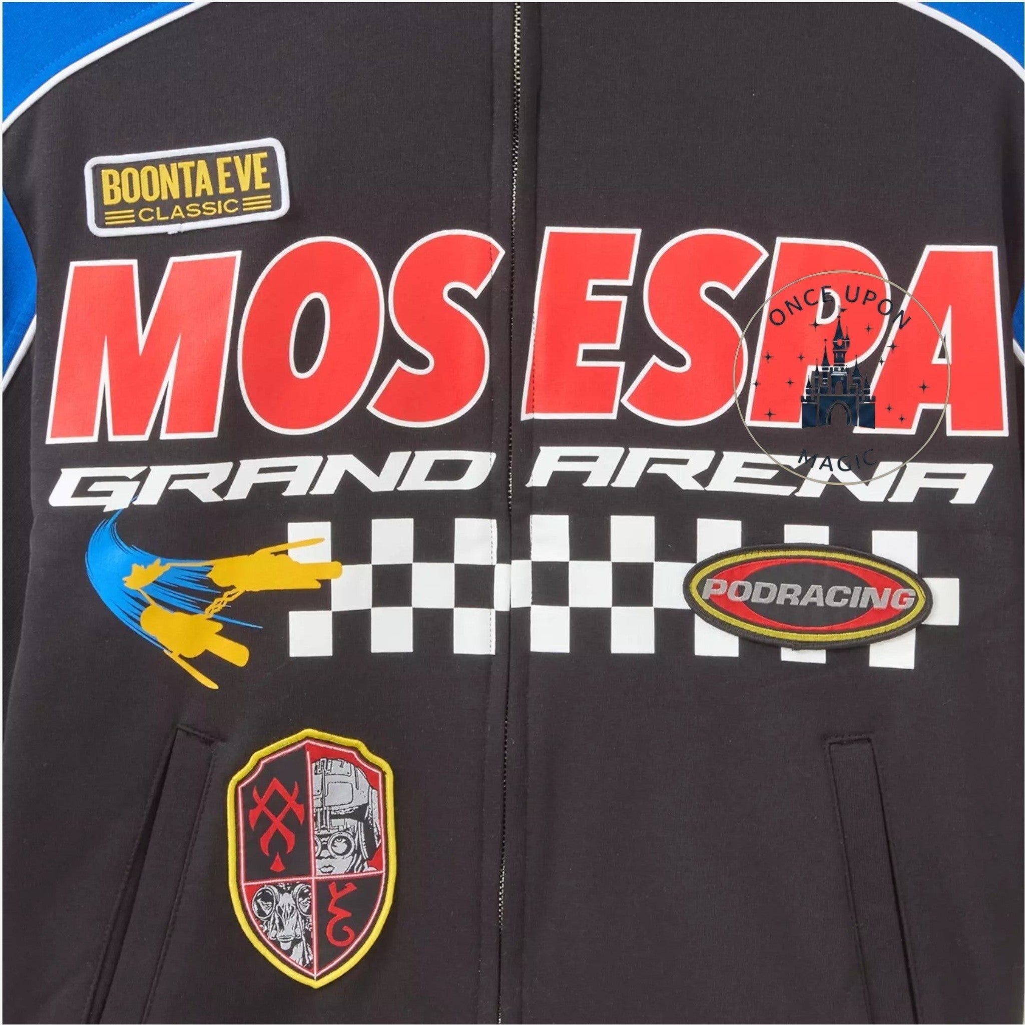 Once Upon Magic Star Wars Boonta Eve Classic racing jacket in black and blue with Mos Espa Grand Arena patches