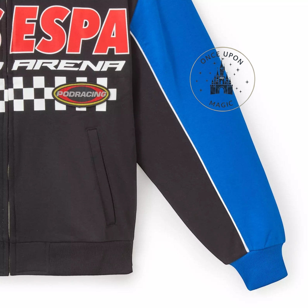 Once Upon Magic Star Wars Boonta Eve racing jacket in black and blue with Mos Espa Grand Arena and Podracing patches