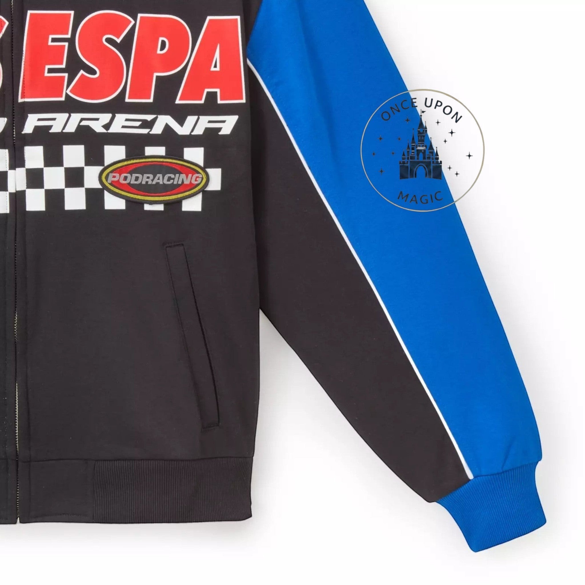 Once Upon Magic Star Wars Boonta Eve racing jacket in black and blue with Mos Espa Grand Arena and Podracing patches