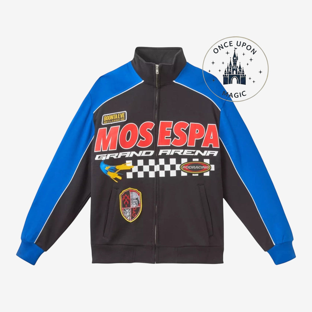 Once Upon Magic Star Wars Boonta Eve Classic racing jacket in black and blue with Mos Espa Grand Arena patches.