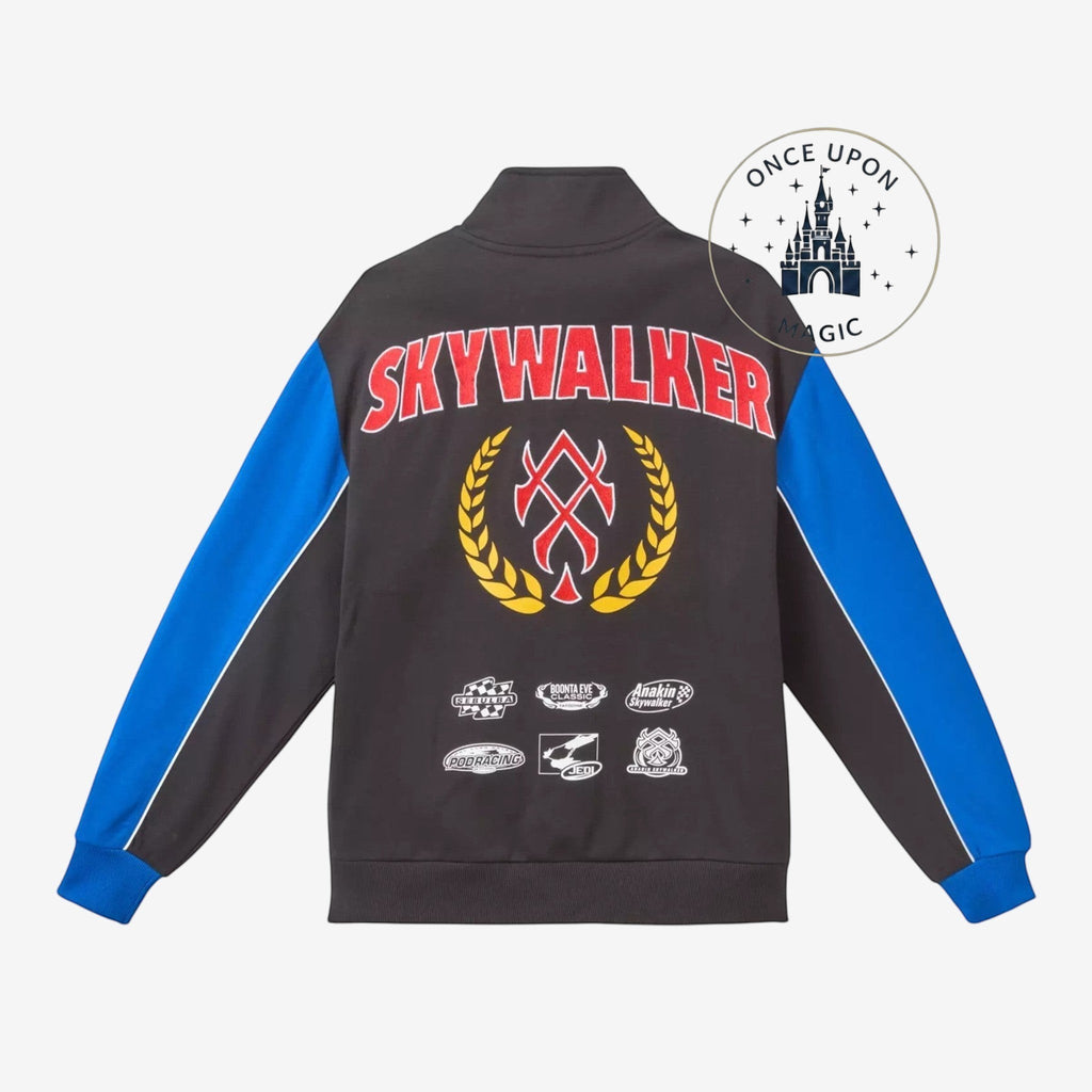 Once Upon Magic Star Wars Boonta Eve Classic racing jacket in black and blue with Skywalker back graphic and patches