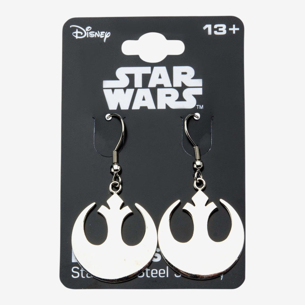 Once Upon Magic Star Wars Rebel Alliance drop earrings in silver-tone stainless steel. Iconic symbol design.