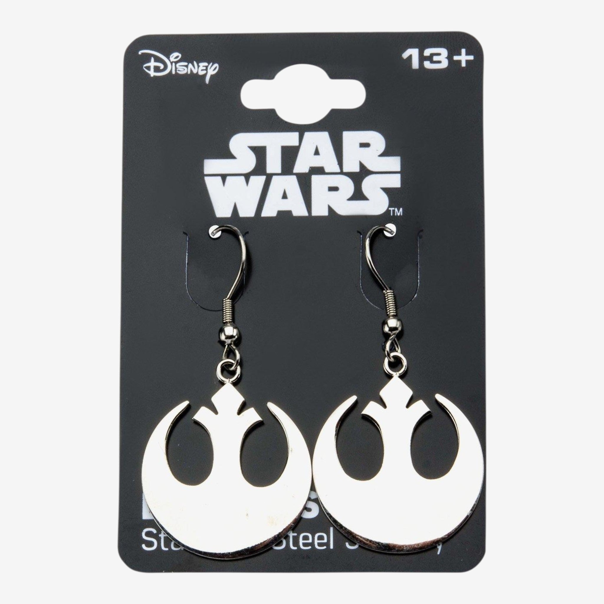 Once Upon Magic Star Wars Rebel Alliance drop earrings in silver-tone stainless steel. Iconic symbol design.