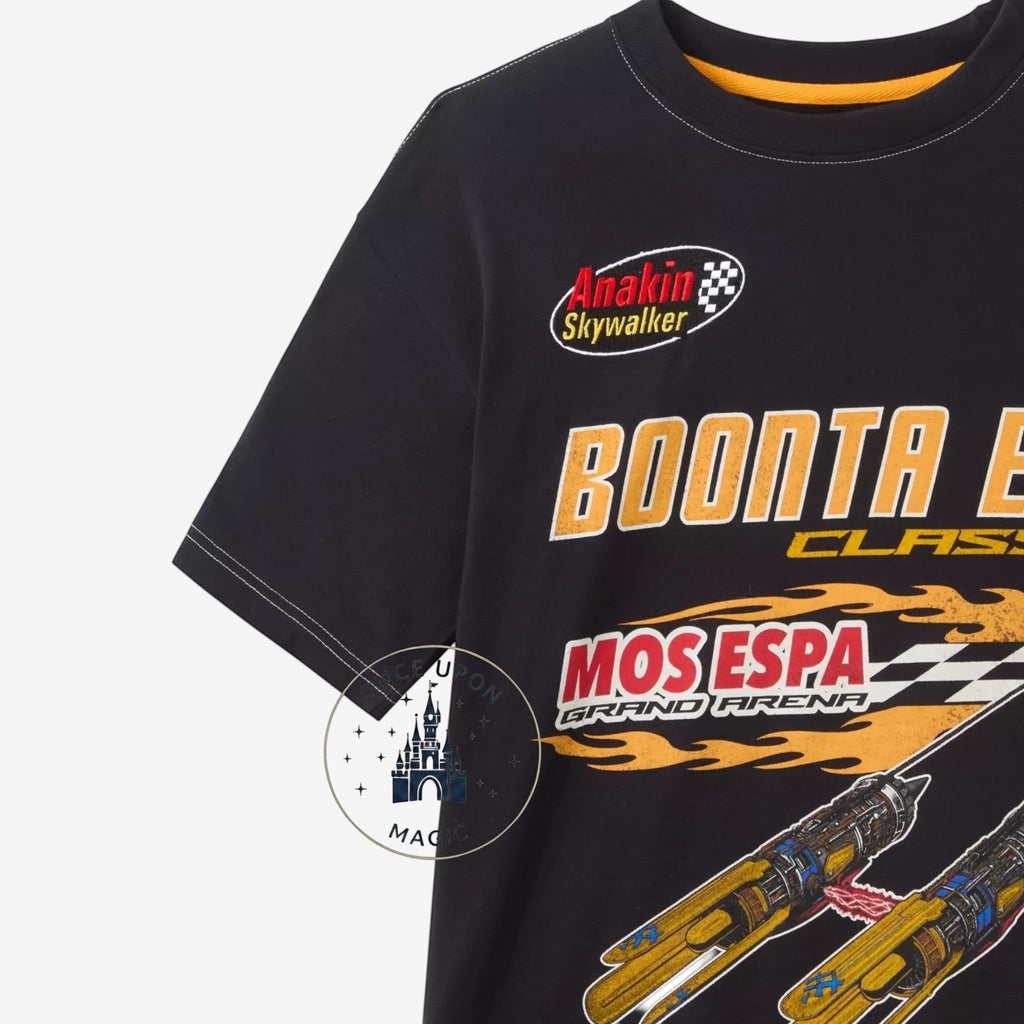 Once Upon Magic black Star Wars Boonta Eve t-shirt featuring Anakin Skywalker and Mos Espa pod racing graphics.