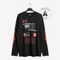 Once Upon Magic black Star Wars long-sleeve sweatshirt with red Imperial TIE Fighter racing graphics and flame sleeves.