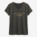 Once Upon Magic charcoal grey V-neck t-shirt with metallic gold Star Wars logo, Rebel Alliance, and Galactic Empire symbols.