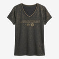 Once Upon Magic charcoal grey V-neck t-shirt with metallic gold Star Wars logo, Rebel Alliance, and Galactic Empire symbols.