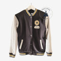 Once Upon Magic Star Wars Rebel varsity jacket in black and grey with gold logo embroidery and striped ribbed trim.