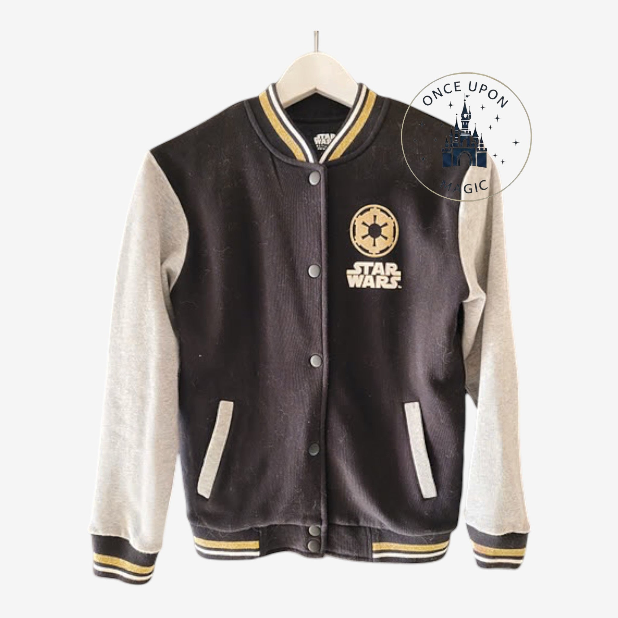 Once Upon Magic Star Wars Rebel varsity jacket in black and grey with gold logo embroidery and striped ribbed trim.