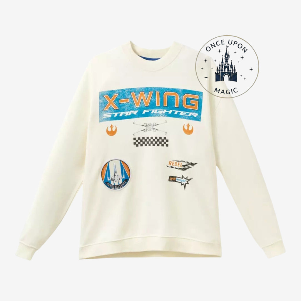 Once Upon Magic Star Wars X-Wing Star Fighter cream pullover sweatshirt with Rebel Alliance graphic patches