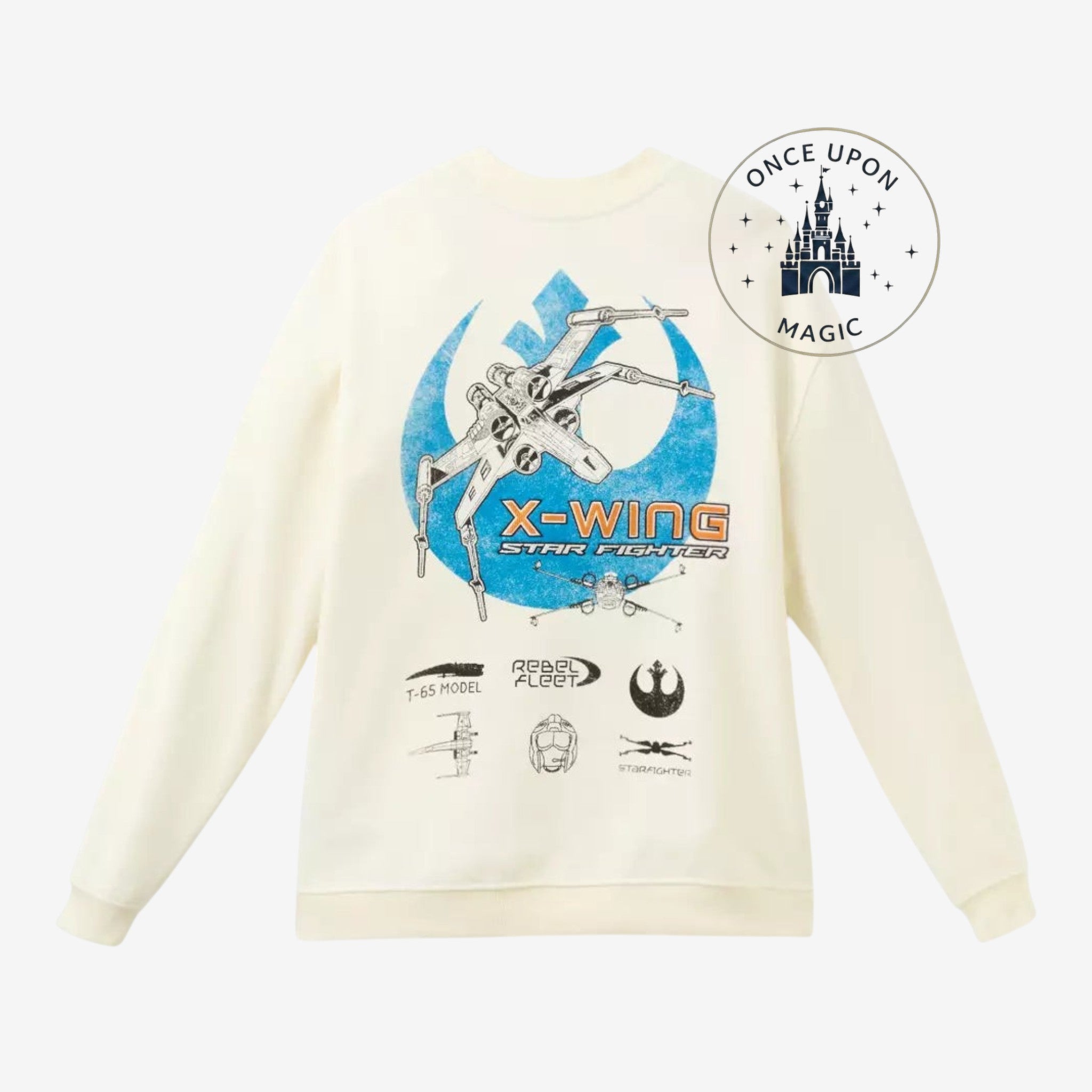 Once Upon Magic Star Wars X-Wing Star Fighter cream pullover sweatshirt with Rebel Alliance graphic print