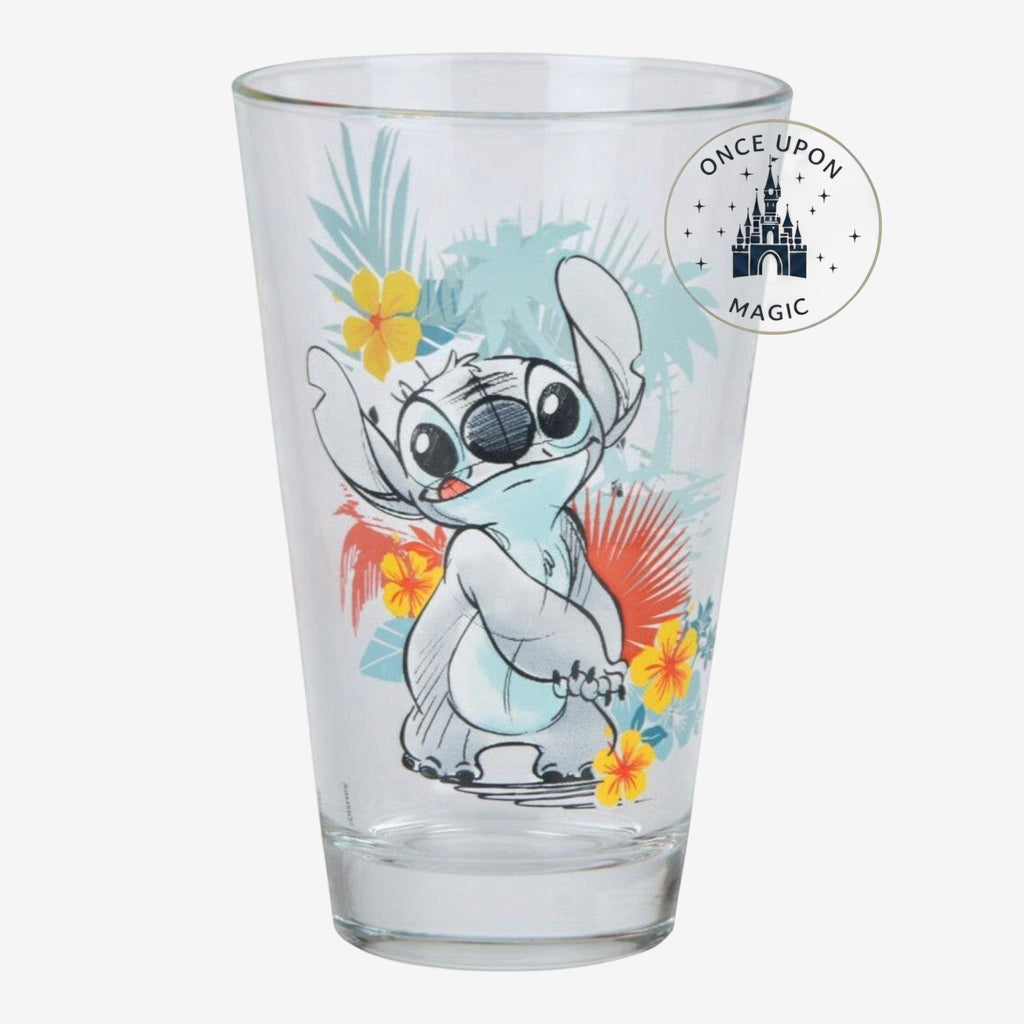 Once Upon Magic Disney Lilo & Stitch Aloha Hawaii clear glass with Stitch, palm trees, and hibiscus flowers.