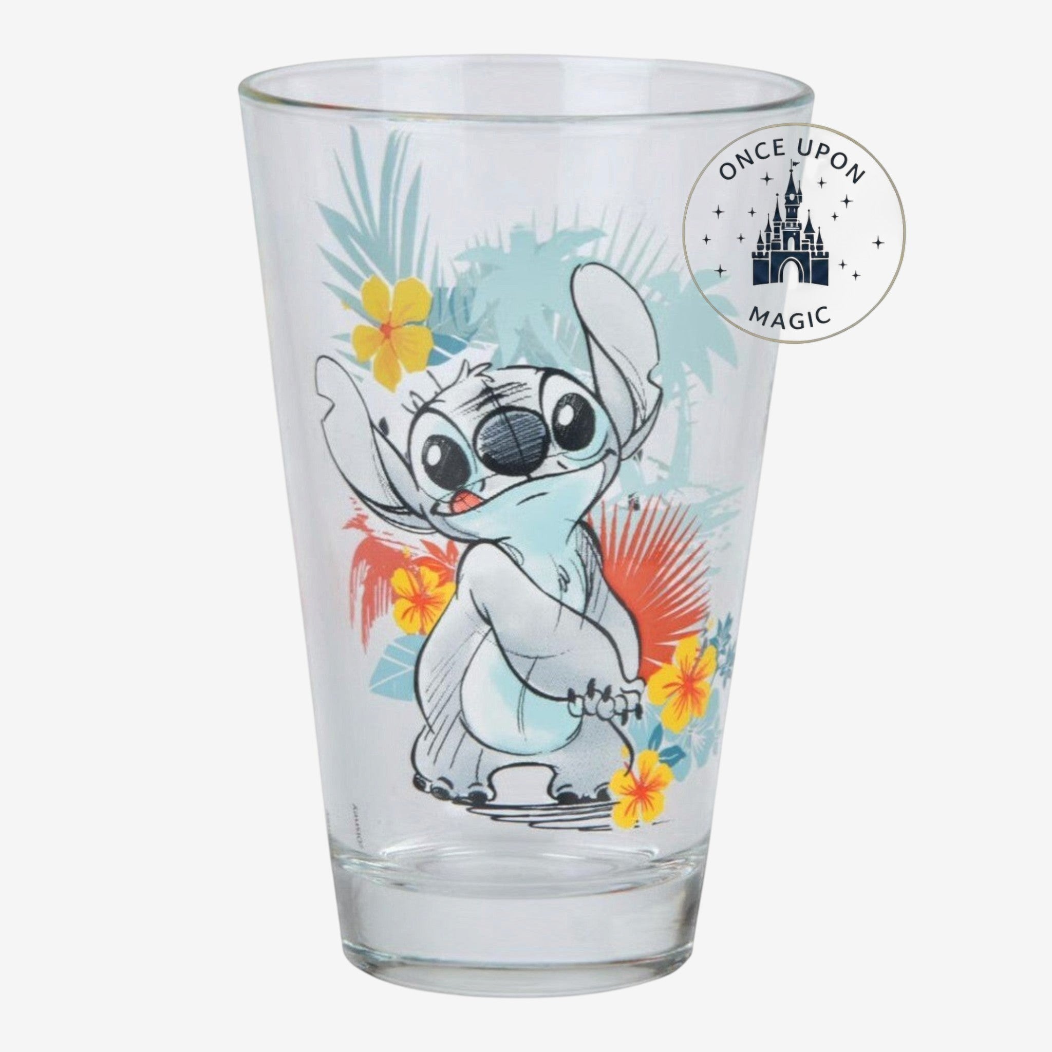 Once Upon Magic Disney Lilo & Stitch Aloha Hawaii clear glass with Stitch, palm trees, and hibiscus flowers.