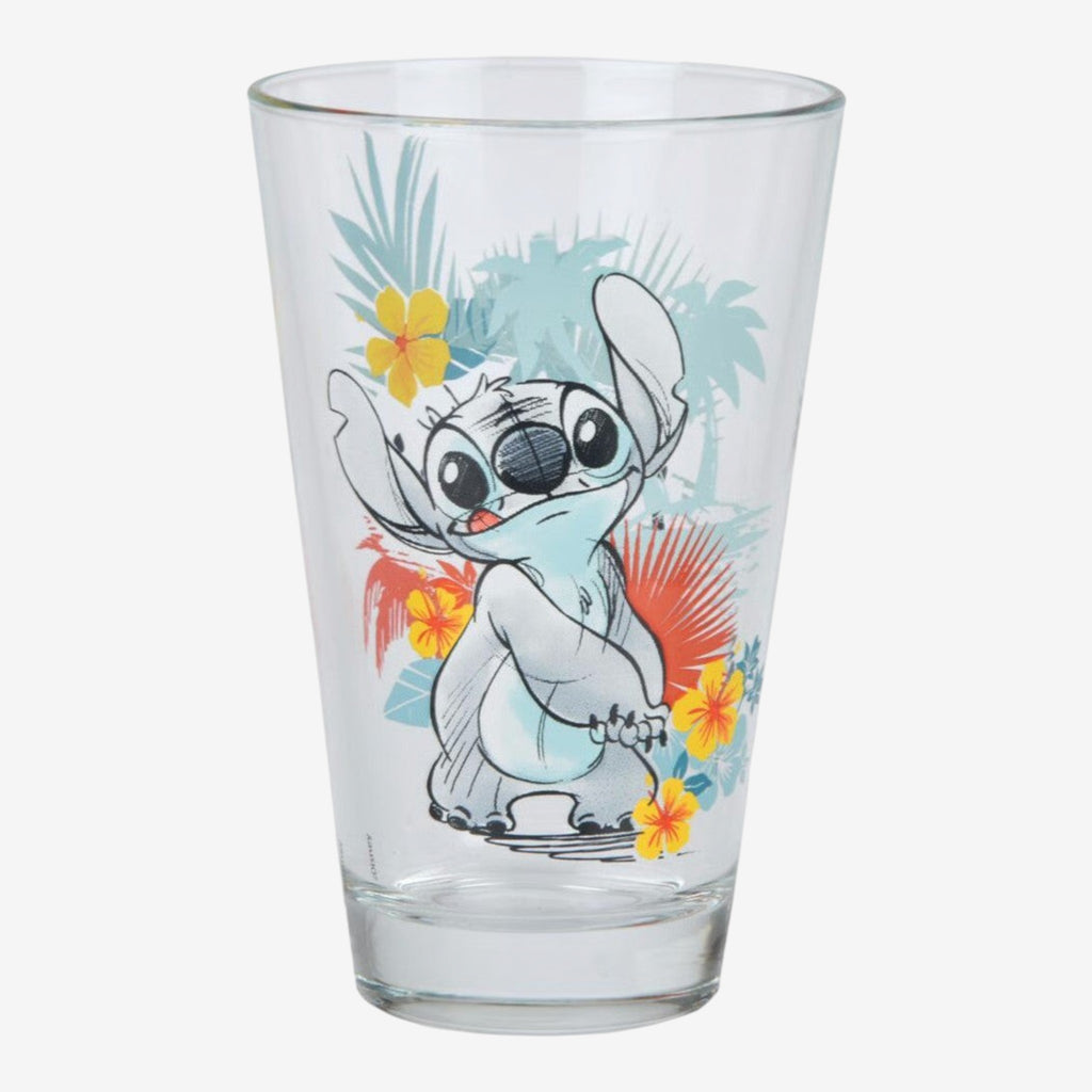 Once Upon Magic Disney Lilo & Stitch Aloha Hawaii clear glass with Stitch, palm trees, and hibiscus flowers.