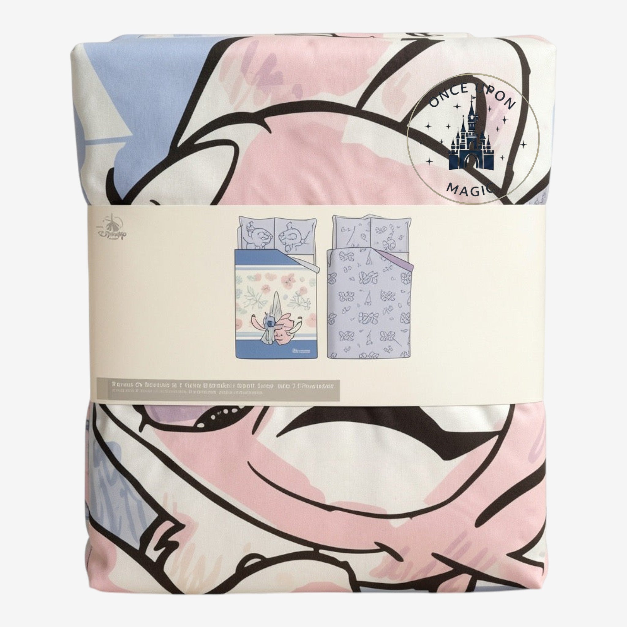 Once Upon Magic Stitch and Angel themed cotton bed sheet set featuring pastel floral and character patterns
